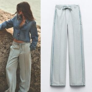 Zara Trf Light Blue Denim Joggers Wide Leg Pants Size 2